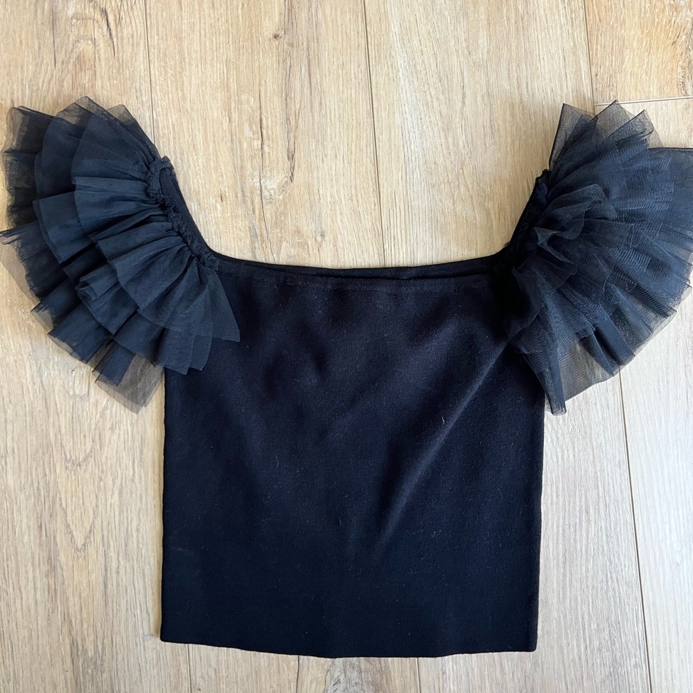 Forever 21 Black Off-Shoulder Tulle Ruffle Crop Top